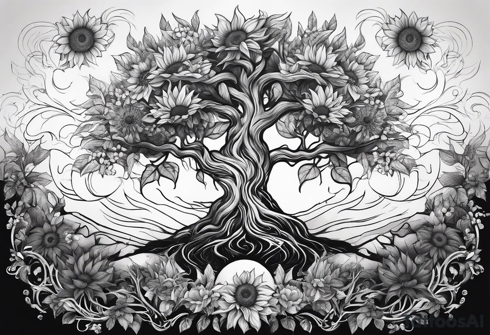 Feminine Yggdrasil tree with two sunflowers tattoo idea