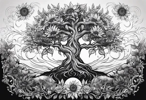 Feminine Yggdrasil tree with two sunflowers tattoo idea