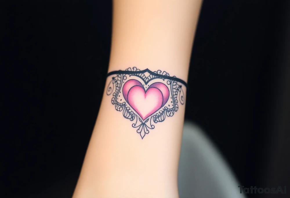 A symmetrical lace heart shaped bracelet with a soft ombré effect, transitioning from pink to deep purple tattoo idea