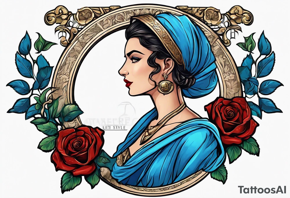 ancient rome clothes women, with svale in one hand blue rose frames, justicia tattoo idea