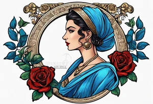 ancient rome clothes women, with svale in one hand blue rose frames, justicia tattoo idea
