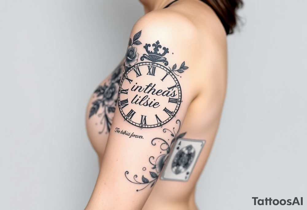Roman clock with roses and a crown,  a quote that says nothings forever. and on the bottom a deck of cards tattoo idea