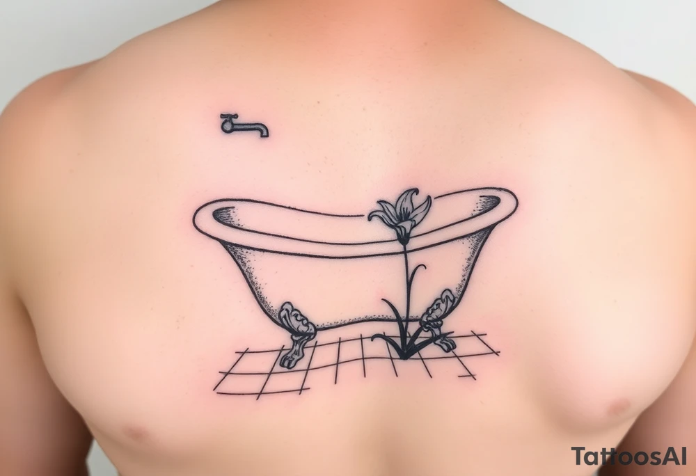 clawfoot bathtub with simple faucet and lily coming up out of the tile floor tattoo idea