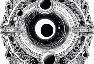 A tattoo that represents a black hole devouring planets orbiting around it. tattoo idea