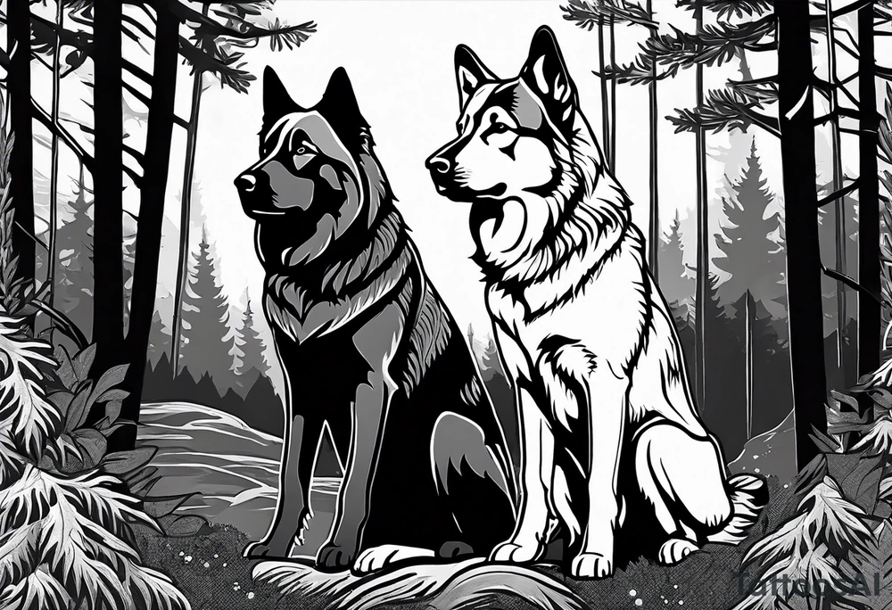 two norwegian elkhounds guarding a dark forest make the forest in the background tattoo idea