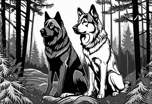 two norwegian elkhounds guarding a dark forest make the forest in the background tattoo idea