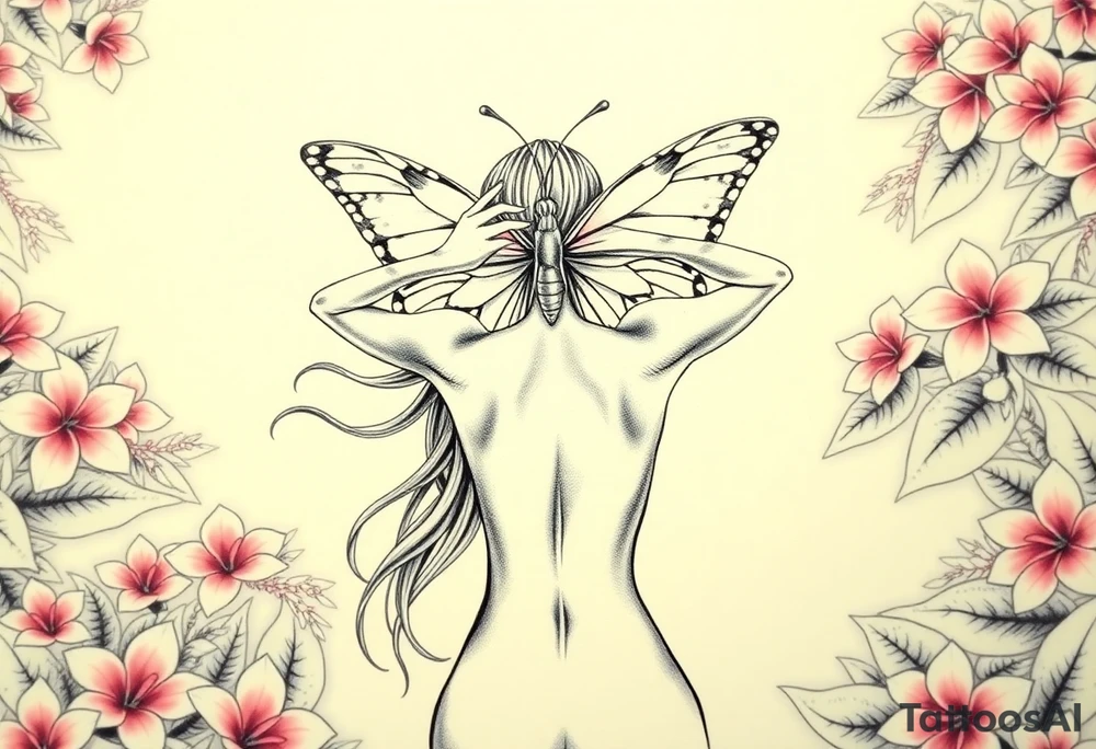 Women whos hands are to her ears with her long hair flowing in the wind and dow. Her back while the is kneeling naked on her knees in a beautiful garden surrounded by pink plumeria surrounding her the women has both arms up with her hands covering both her ears and above her a big beautiful butterfly that's right above her head that half the butterflys wings covers her eyes like a blind fold and her lips and sown shut tattoo idea