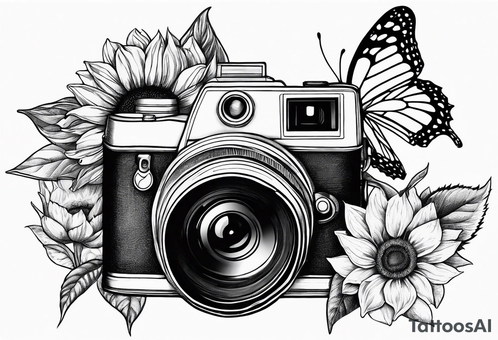 Butterfly, sunflower, camera, book, flower rose tattoo idea