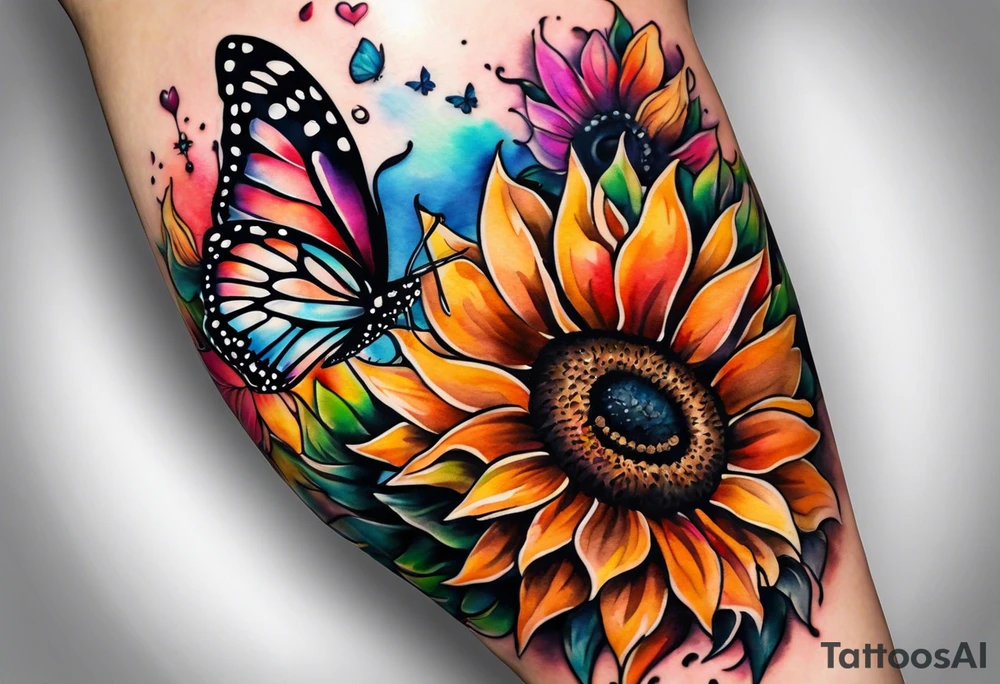Memorial arm sleeve for mom with rainbow sunflowers and butterflies tattoo idea