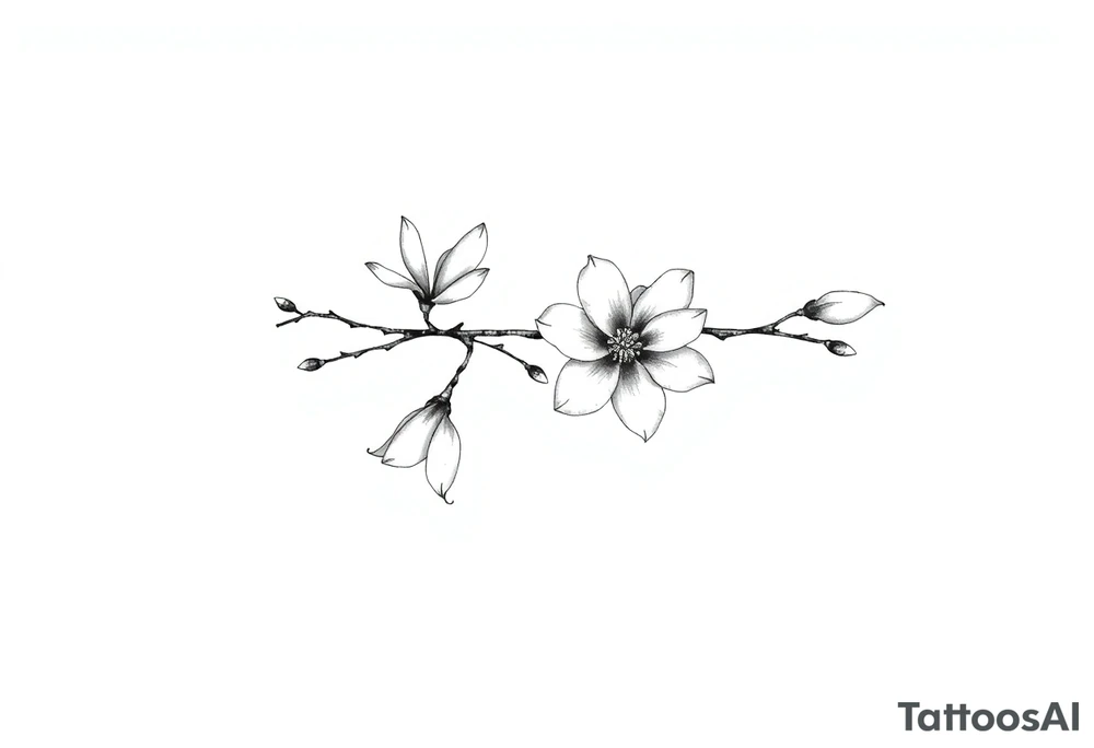 Magnolia branch long with different half opened flowers, botanical details tattoo idea