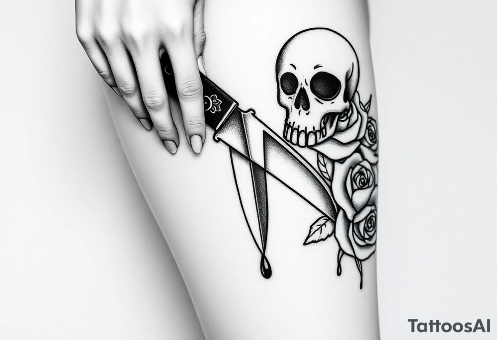 en el caos encontré mi forma favorita 
de amarte somos veneno y promesa.  Add around 

Woman’s hand reaching down grabbing blade handle, skeleton head on right under blade, rise on right under blade, blood dry from tip of blade, skeleton hand reaching for Blade tip. Just the hand and place above blade handle reaching for handle. Skull and rose underneath blade. Just the skeleton hand reaching for tip of knife which is dripping blood. tattoo idea