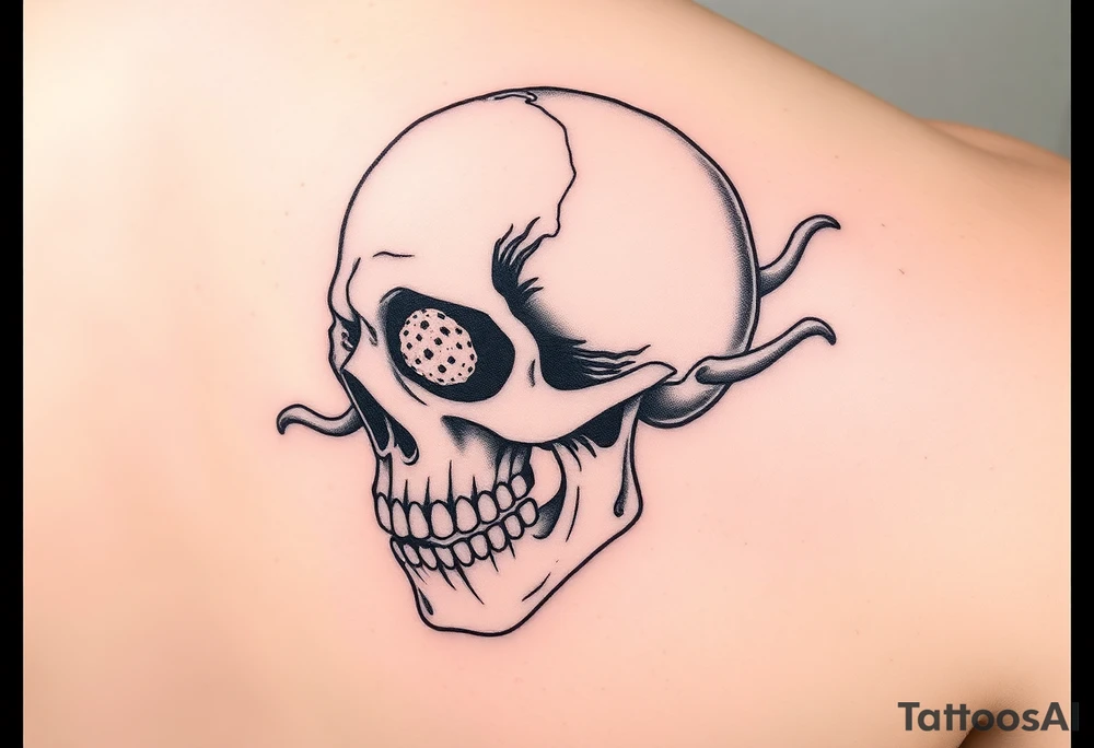 left side of a skull with cordyceps fungus out of its eyes and mouth tattoo idea