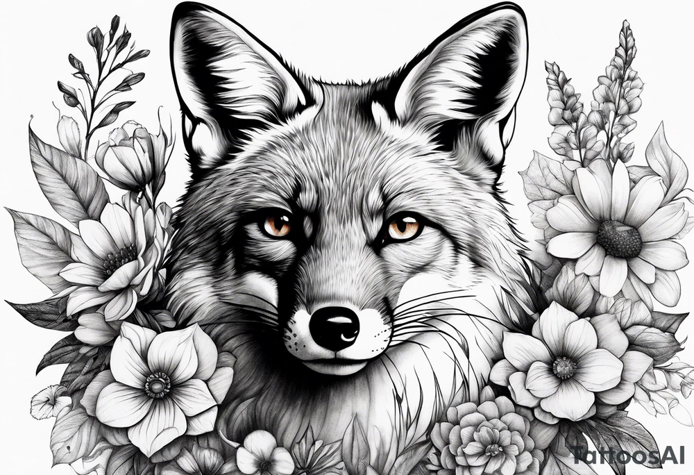 fox, realistic, face, flowers tattoo idea