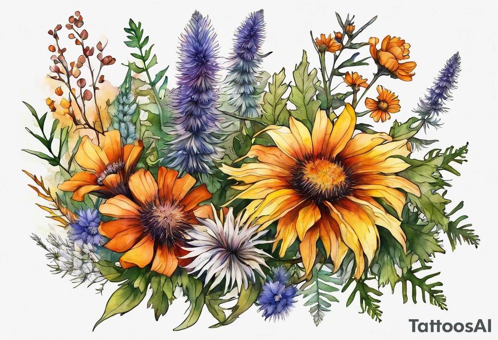 cascading mixed wildflowers with thistles, ferns, burnt orange white and yello flowers all in watercolor tattoo idea