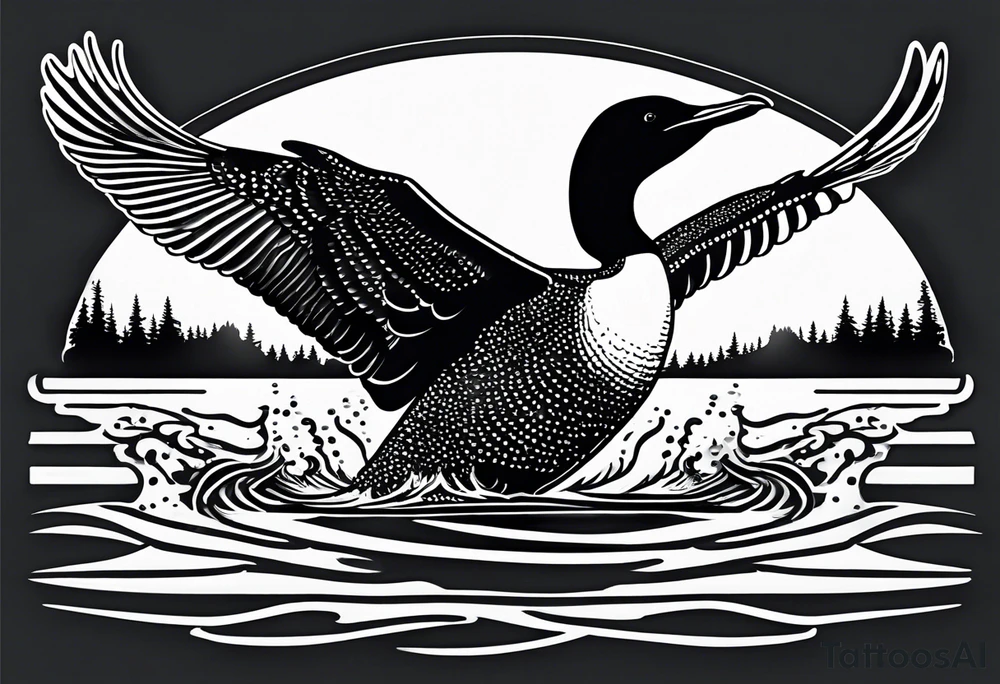 A North American common loon looking majestic as it spreads its wings in the water. On the mid-upper thigh. It should be a vertical tattoo and head on of the loon. tattoo idea