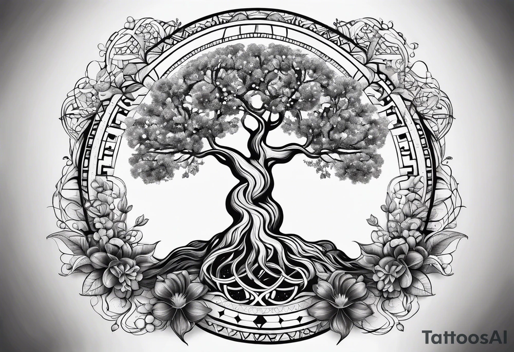 wooded floral psilocybin molecule sacred geometry feminine tree of life dna tattoo idea