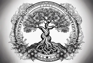 wooded floral psilocybin molecule sacred geometry feminine tree of life dna tattoo idea