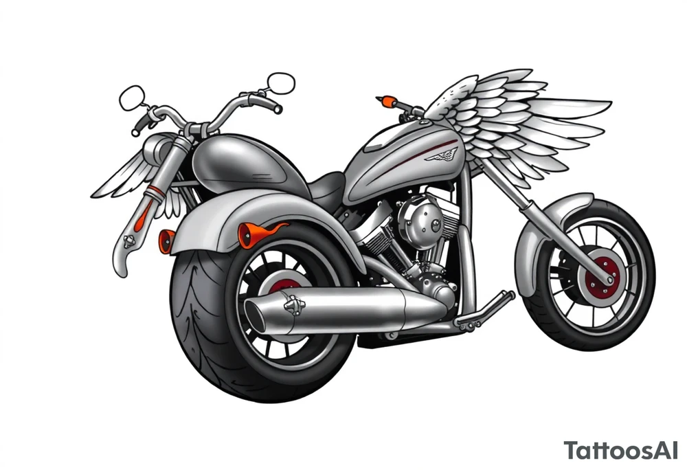 Low rider grey motorcycle, big muffler pipes with flames, angel wings, driving away, no person tattoo idea
