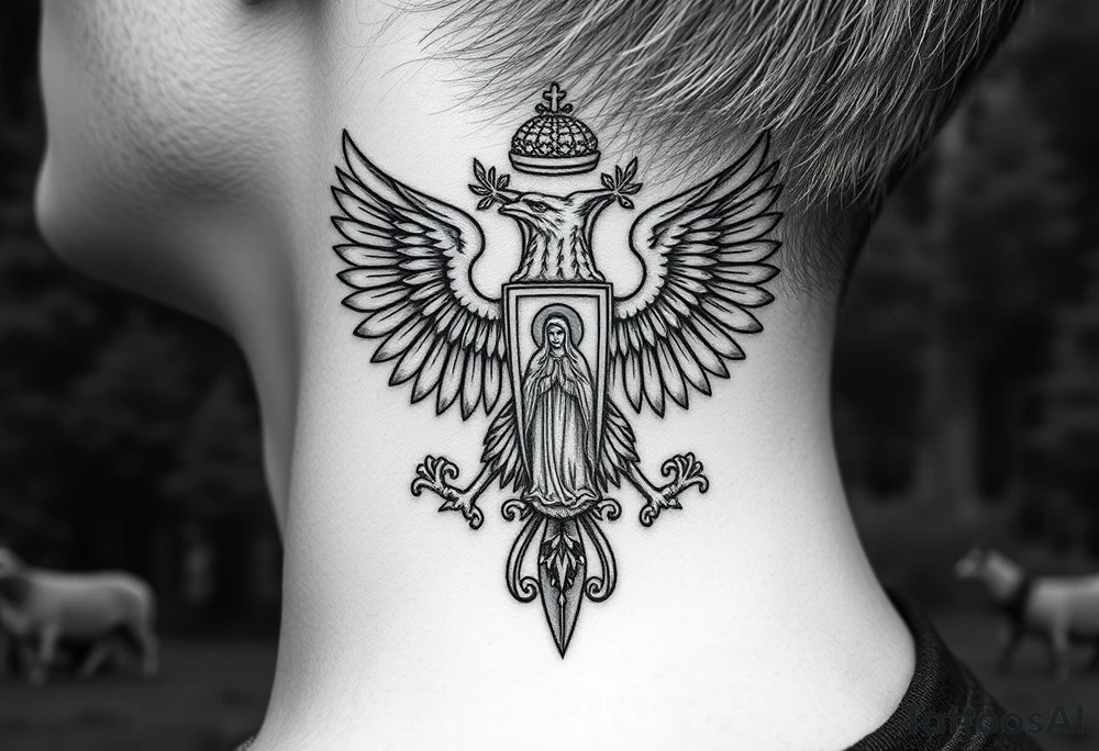 russian coat of arms double headed eagle traditional christian orthodox cross with a virgin mary stood in the entrance of a russian orthodox dome church on the side of the neck in a wilderness setting tattoo idea
