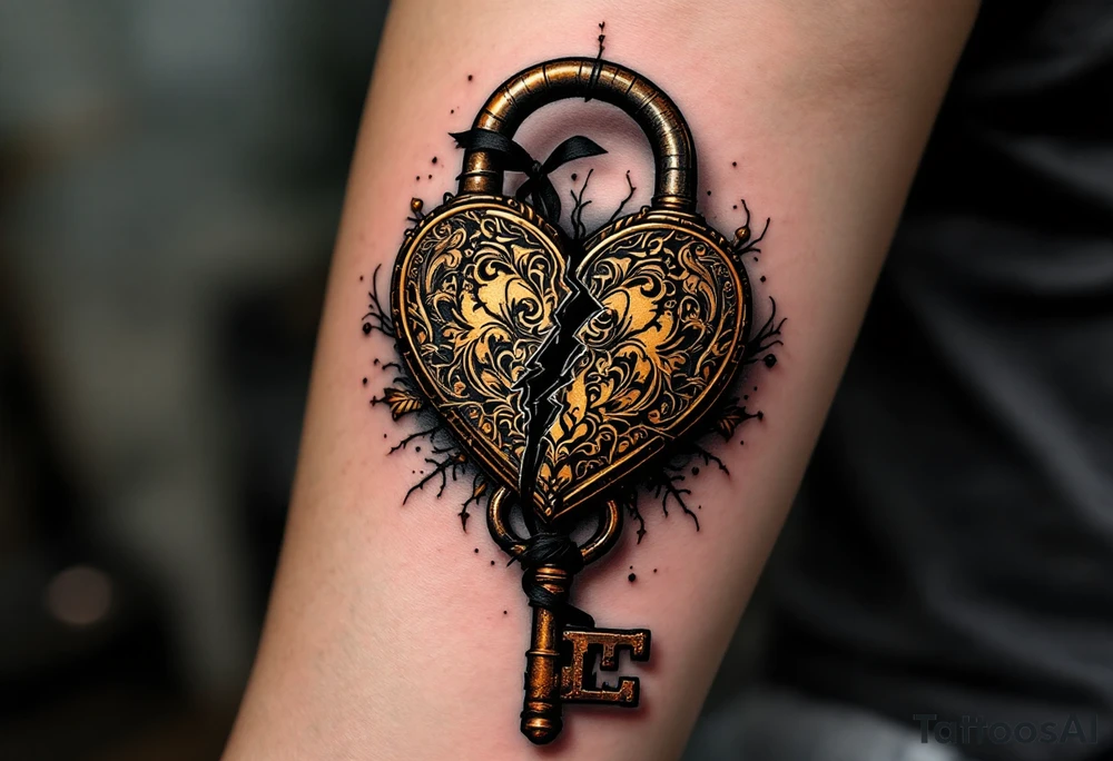 A vintage heart-shaped lock with intricate baroque detailing, cracked slightly at the center, paired with a rusted skeleton key wrapped in a thin black ribbon. The lock is shaded in antique gold and deep bronze, while the key has accents of dark silver and aged steel. tattoo idea