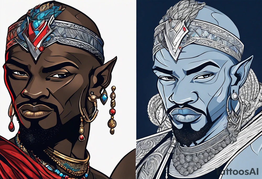 An african god, a bald black-skinned warrior, that uses a sword and a silver crown. He also uses blue and red necklaces tattoo idea