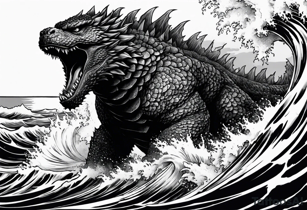 Legendary Godzilla in the ocean tattoo idea