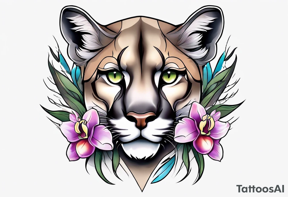 Mountain lion with orchids tattoo idea