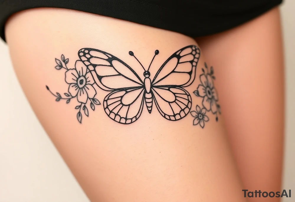 beautiful butterfly with flowers and lines around it also having the names Raiden, Shanleigh, and Waylon in it and the artwork being line work tattoo idea