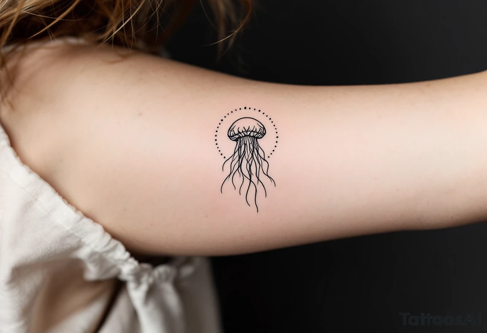 minimal fine-line tattoo, single jellyfish, sacred geometry surround, dotwork patterns, jellyfish bell dome, flowing tentacles, trailing streamers, geometric mandala, radiating dotwork, minimalist design, black grey lines, soft shading, no outlines, geometric frame, organic jellyfish form, upper arm shoulder placement, light airy feel, delicate linework, geometric backdrop, clean lines, radiating patterns, simple jellyfish centerpiece, minimalist tattoo idea
