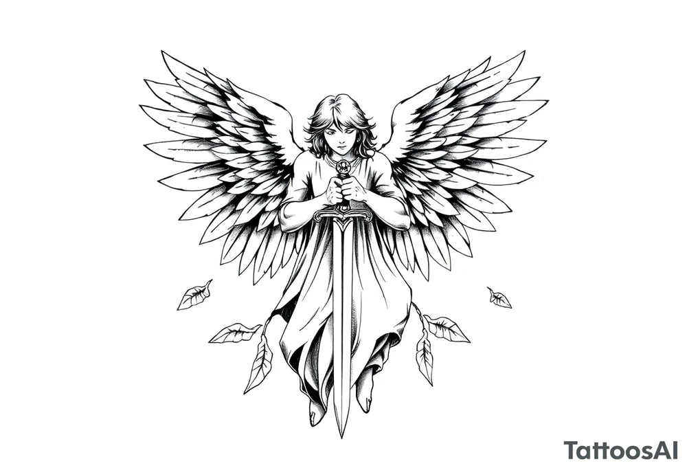 Angel with two wings that are covering its face, two wings covering its feet, and two flying out at its sides while the angel holds a sword tattoo idea