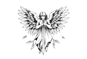 Angel with two wings that are covering its face, two wings covering its feet, and two flying out at its sides while the angel holds a sword tattoo idea
