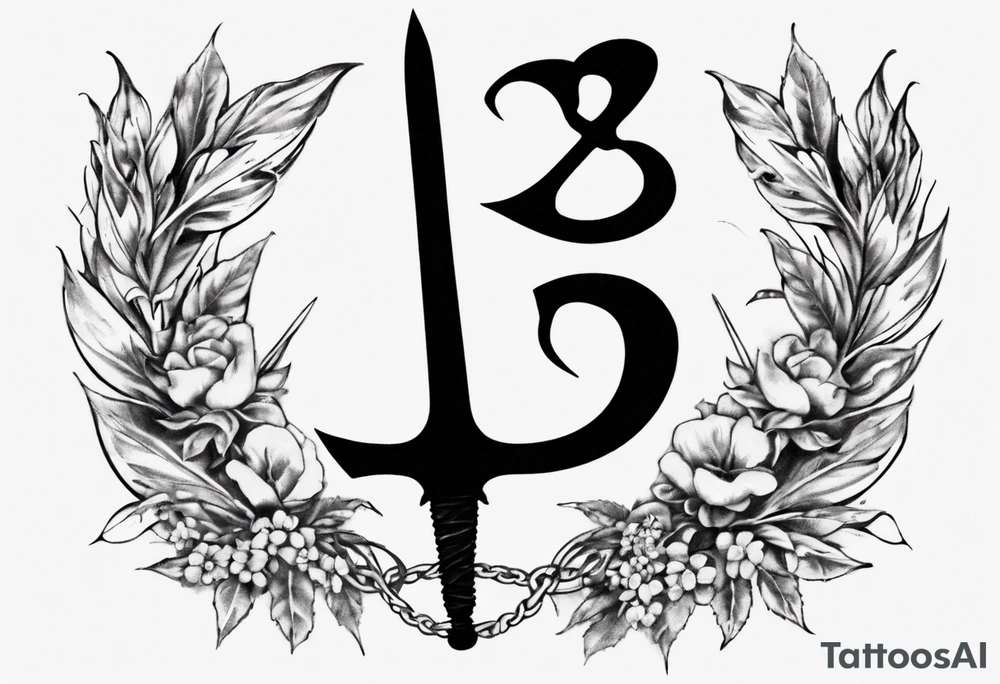 The number 13 in the middle of a laurel leaf wreath, Celtic sword and amor fati. tattoo idea