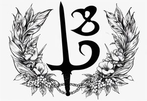 The number 13 in the middle of a laurel leaf wreath, Celtic sword and amor fati. tattoo idea
