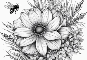 floral dainty soft leaves with bee dragonflower, wheat tattoo idea