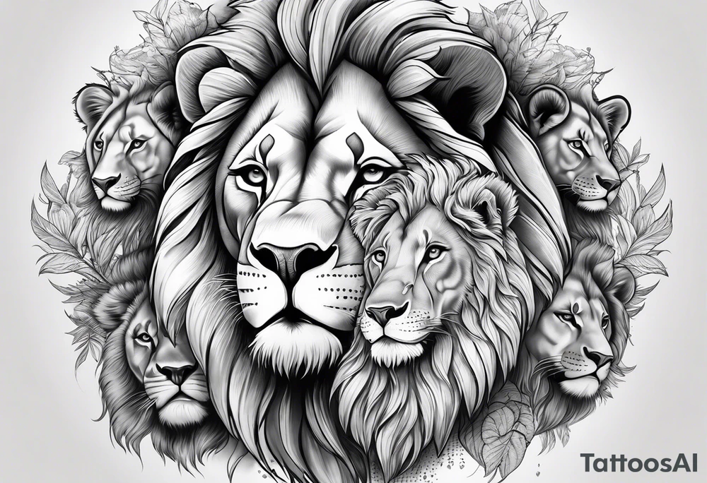 Full sleeve tattoo depicting a large lion protecting his lioness and 6 lion cubs. Background should depict a safari scene tattoo idea