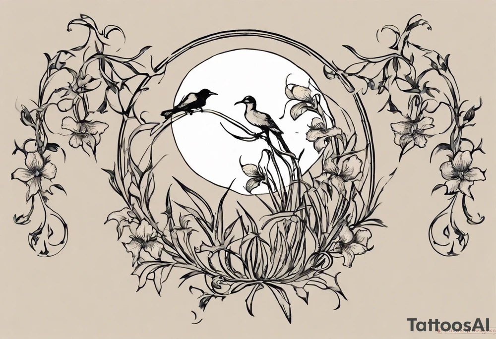 Create a small Vincent van Gogh Irises tattoo. The tattoo should take the form of a crescent, with vines gracefully intertwining at a central point in the middle of the wreath with a bird. The intended placement is on the upper chest. The overall design should be small in size while maintaining a delicate and artistic aesthetic. Pay attention to the graceful flow of the vines and the placement of the irises to achieve a refined and elegant look. tattoo idea