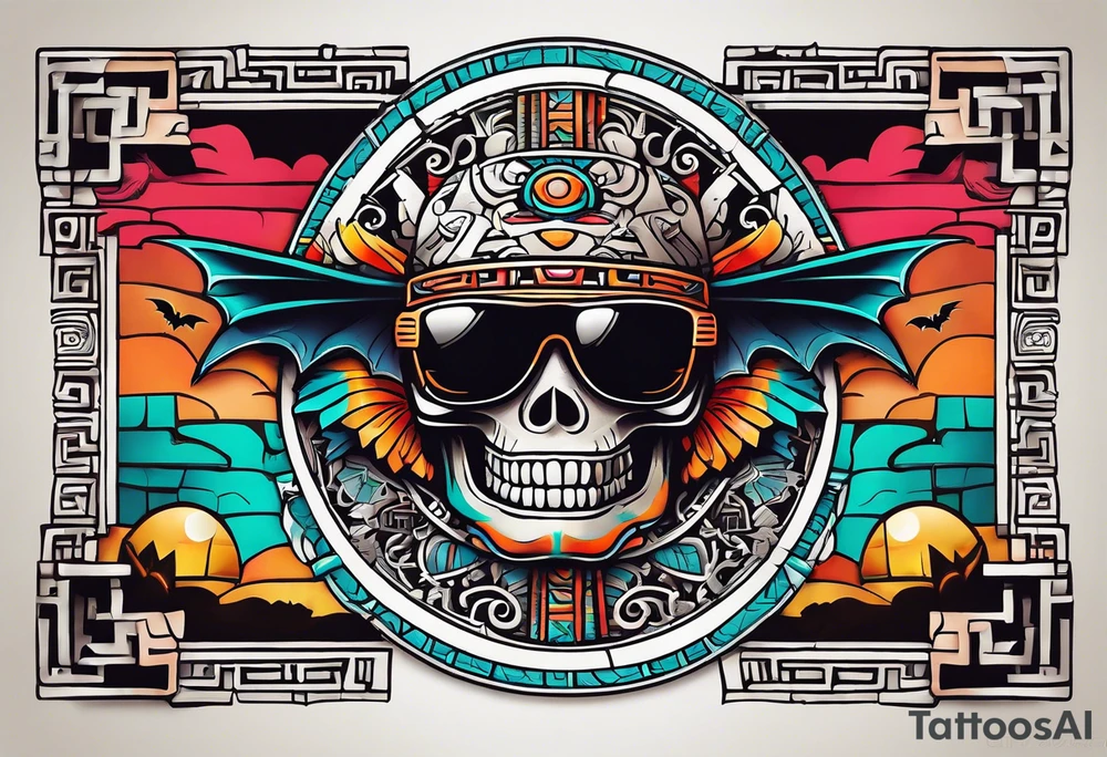 Colorful ancient Mayan hieroglyph made of stone wearing sunglasses reflecting Chichen itza and bats. tattoo idea