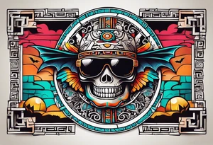 Colorful ancient Mayan hieroglyph made of stone wearing sunglasses reflecting Chichen itza and bats. tattoo idea