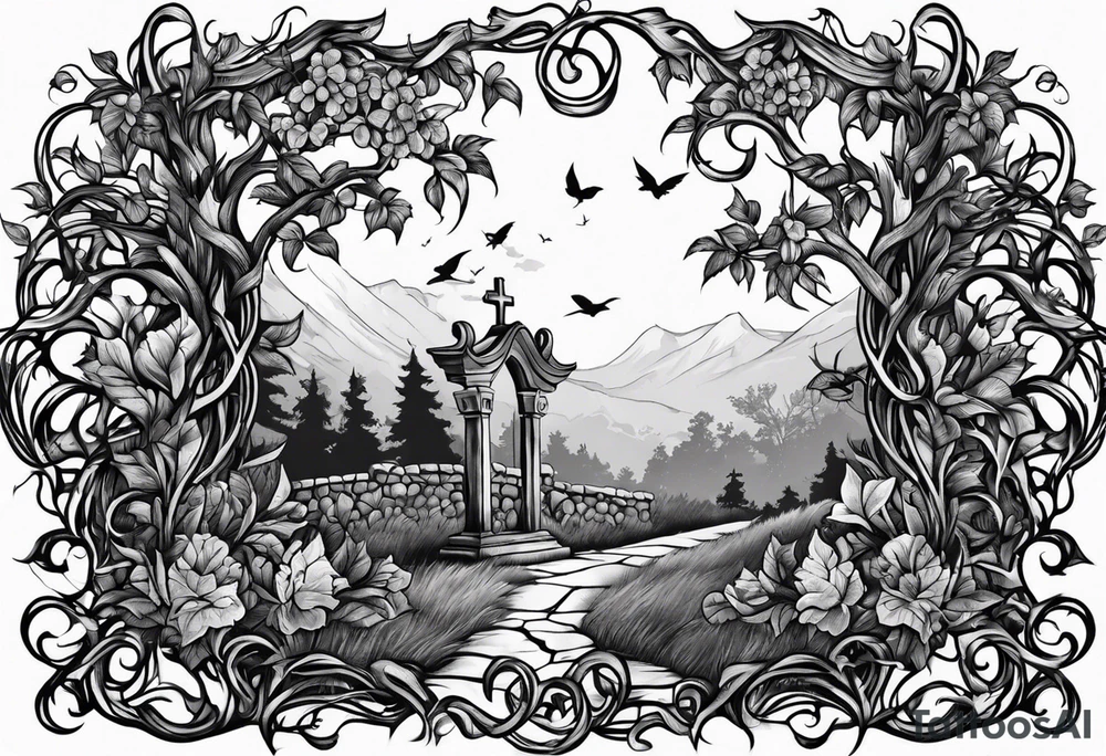 Leafy vines with grave yard tattoo idea