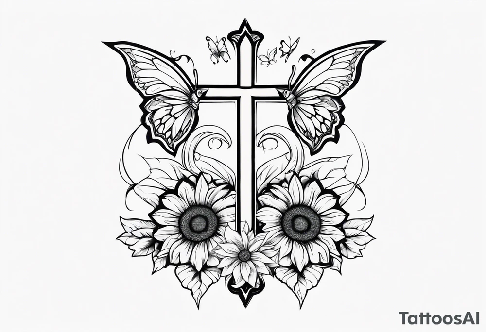 Arm sleeve with Winged cross with sunflower and butterflies tattoo idea