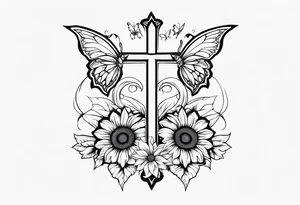 Arm sleeve with Winged cross with sunflower and butterflies tattoo idea