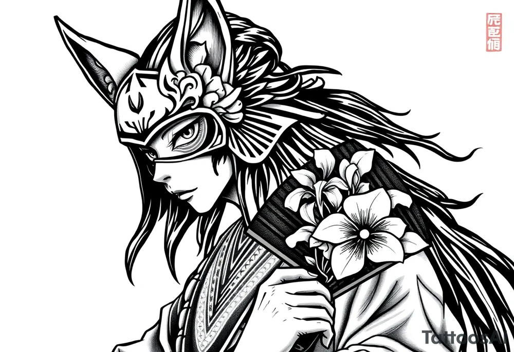japanese samurai woman wearing a kitsune half-mask and  holding a fan with irises flowers ornement tattoo idea