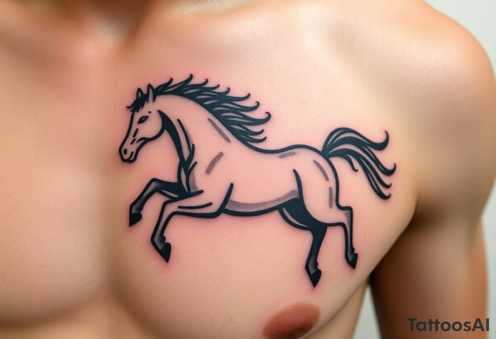 The tattoo represents a supernatural encounter with a golden horse with jet-black fur in the mountains of Choquequirao (Cusco, Peru). This mysterious, fleeting horse symbolizes strength, energy, and spiritual rebirth. It appeared at full speed, its hooves shaking the ground, its breath so powerful it drowned out all other sounds. The narrator felt no fear, only awe as the horse took a perfect curve, muscles tense, radiating power and grace. Its presence transformed the narrator, giving them the energy to complete an exhausting trek and leaving them with a profound connection to something greater. The tattoo aims to capture the essence of this moment: strength, speed, beauty, and the spirit of the mountain. tattoo idea