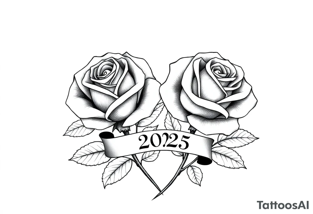 two beautiful large rose buds, one larger than the other, with lots and lots of leaves next to the rose buds, with one sitting slightly higher than the other, side-by-side.  Include a banner connecting the two roses with the year 2025 on it.   Use dark outlines with little shading. Remove all stems from the roses. tattoo idea