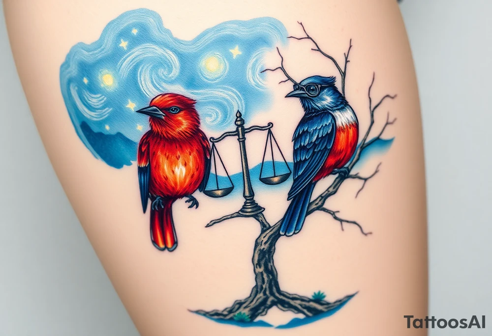 2 birds as the focus, one of the birds red wearing a suit, other bird navy blue with glasses or holding a book, scales of justice built into a tree, starry night painting and mountain background tattoo idea