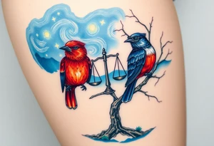 2 birds as the focus, one of the birds red wearing a suit, other bird navy blue with glasses or holding a book, scales of justice built into a tree, starry night painting and mountain background tattoo idea