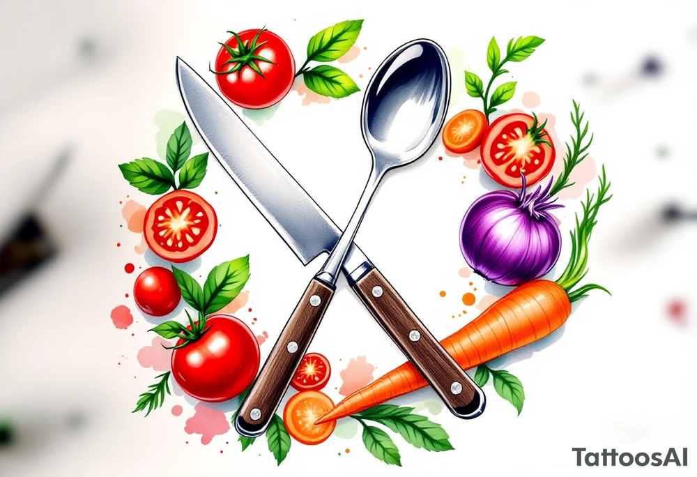 A realistic kitchen tattoo design showing a large silver kitchen knife with a dark brown wooden handle crossed over a shiny silver fork and spoon, all placed diagonally, surrounded by whole and sliced vegetables including bright red round tomatoes, leafy green basil, long orange carrots with green tops, and round purple onions with visible rings, all arranged in a circular wreath shape with a soft white background and subtle watercolor splashes of green, red, and orange for depth. tattoo idea