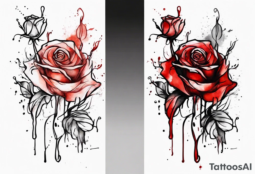 rose flower, one line, red blood dripping from the flower, tall, watercolor tattoo idea