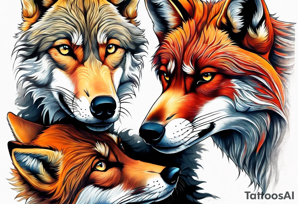 Black wolf and red fox nuzzling tattoo idea
