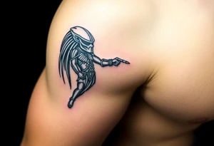 Predator with staff pointing towards sky with lighting bolt tattoo idea